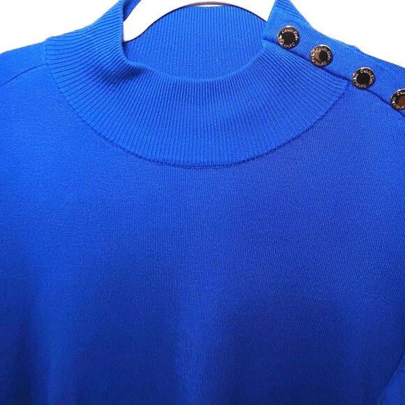 Calvin Klein Mock Neck Sweater Blue Gold Buttons Rayon Knit Top Sz M - Picture 4 of 14